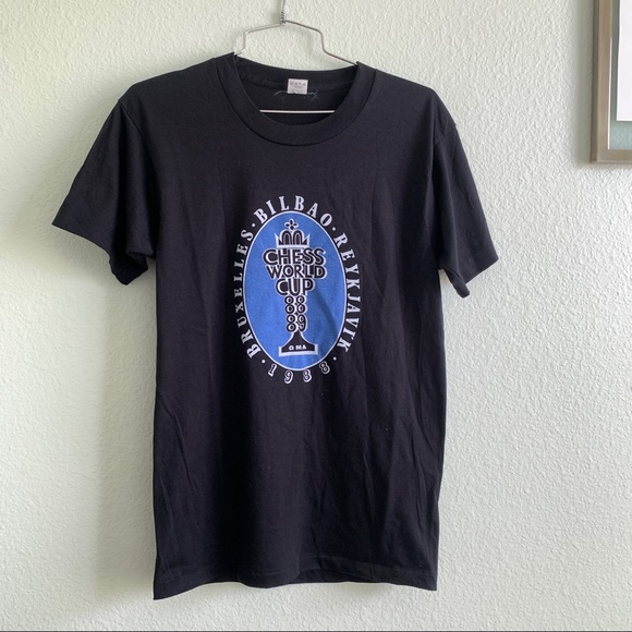 VINTAGE 80s Chess World Cup tee t-shirt top black short sleeve shirt graphic S - Picture 2 of 9